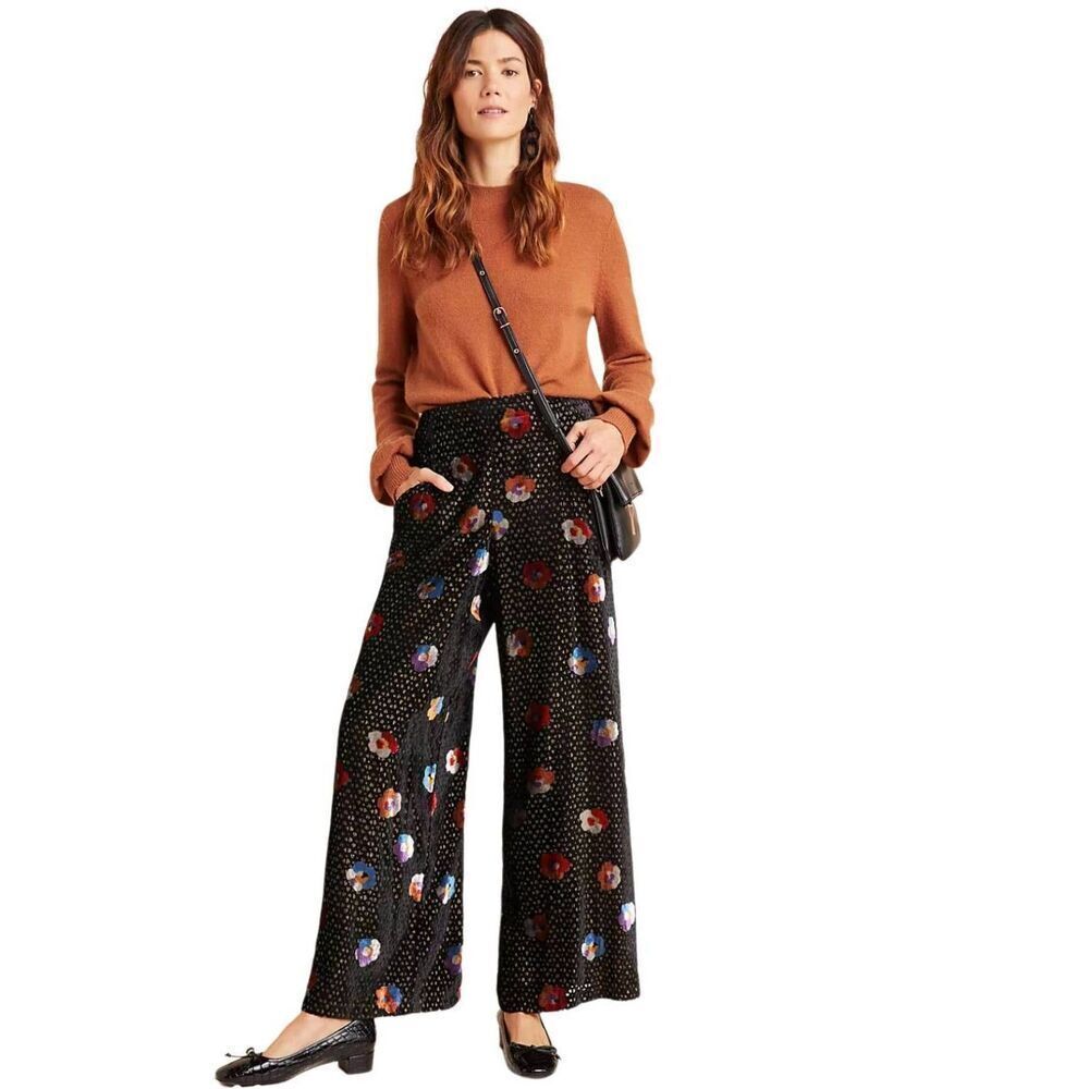 Anthropologie Eva Franco pasquette velvet floral wide leg pants 0